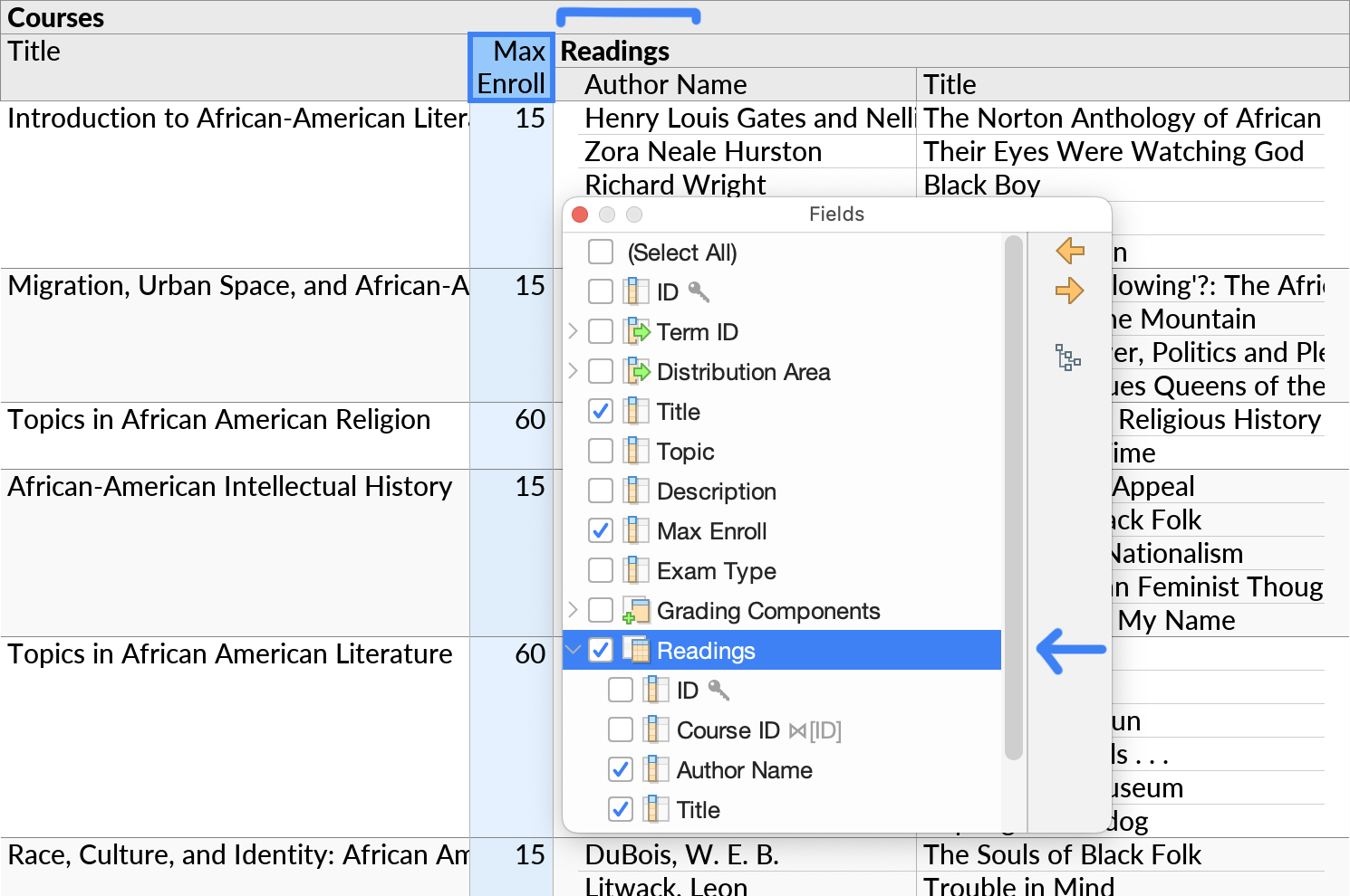 Selecting a joined subquery in the Fields popup.