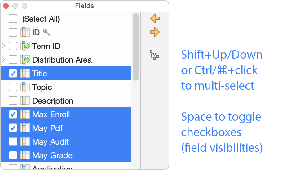 Multiple selection in the Fields popup.