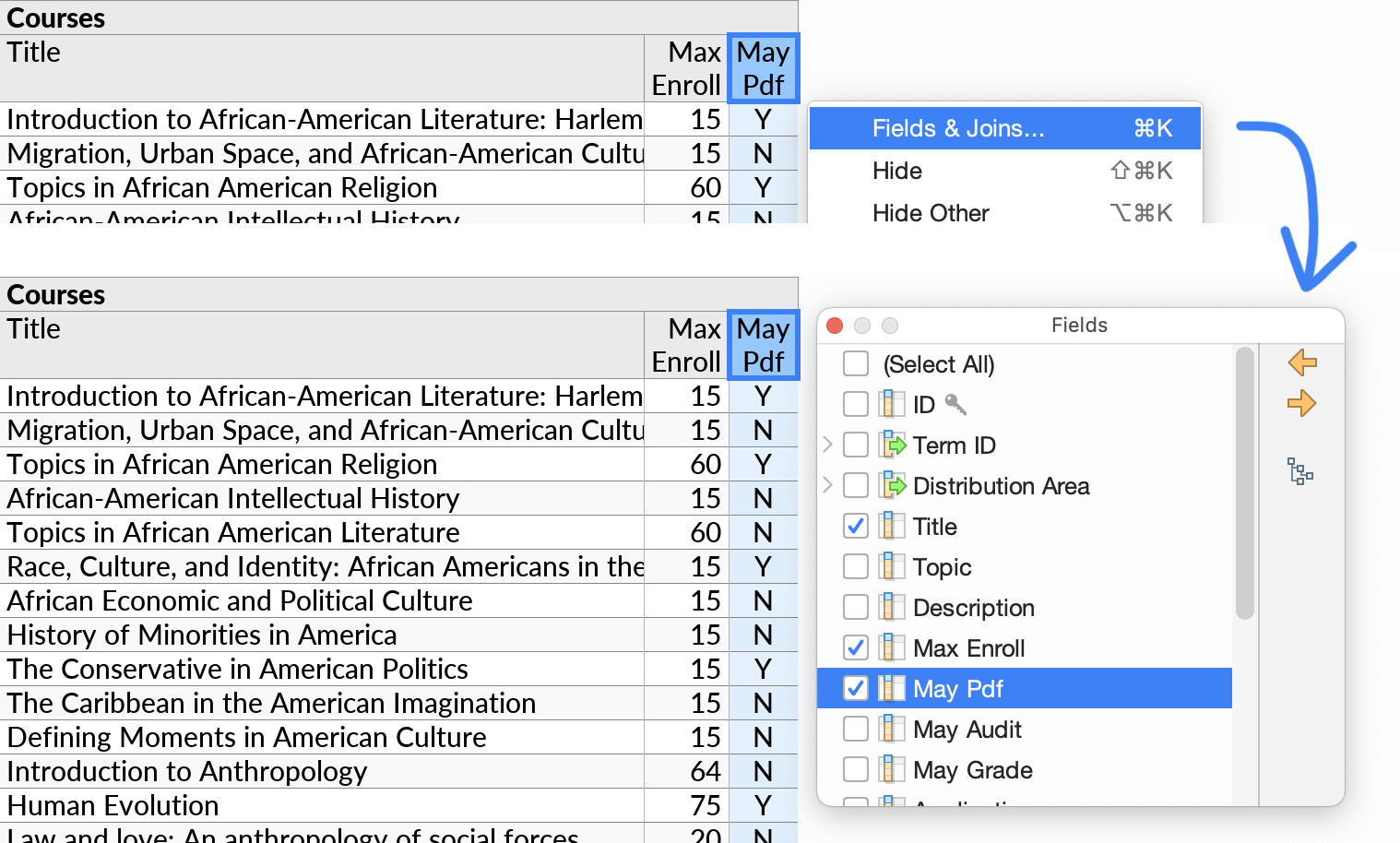 The popup version of the field selector, opened via the Fields & Joins action.