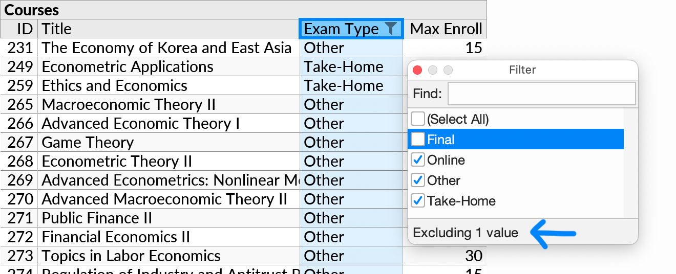 The Filter popup opened with one value excluded.