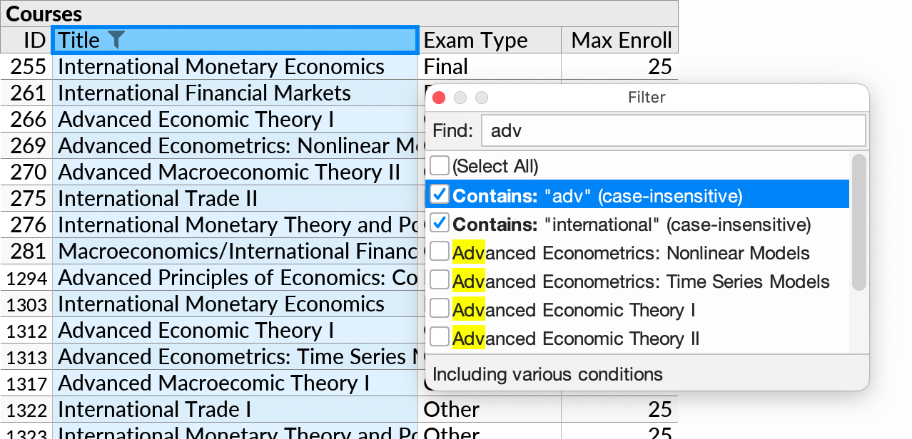 The Filter popup with two 'contains' conditions selected.