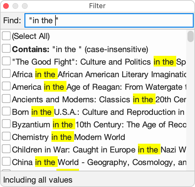 The Filter popup with a quoted search term.