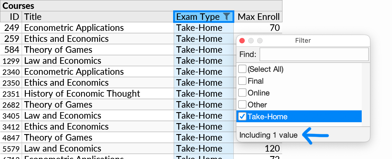 The Filter popup opened with one value selected for inclusion.