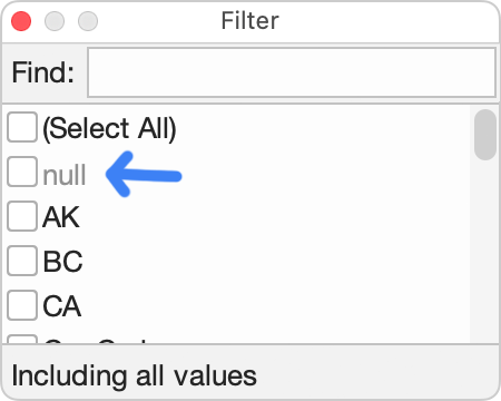 The null value option in the Filter popup.