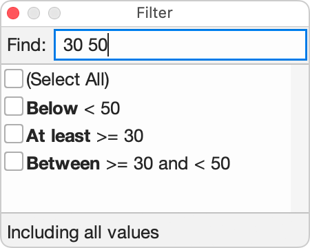 The Filter popup with the range options 'Below', 'Between', and 'At least' available.