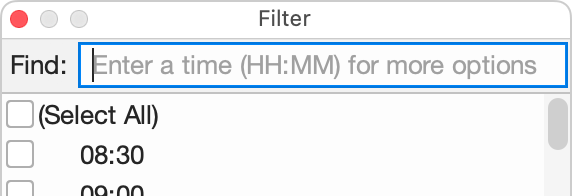 The Find box in the Filter popup, showing the expected input format for a time value.
