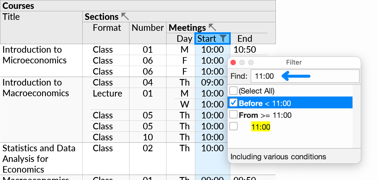 The Filter popup showing the range options 'Below' and 'At least' for a time value.