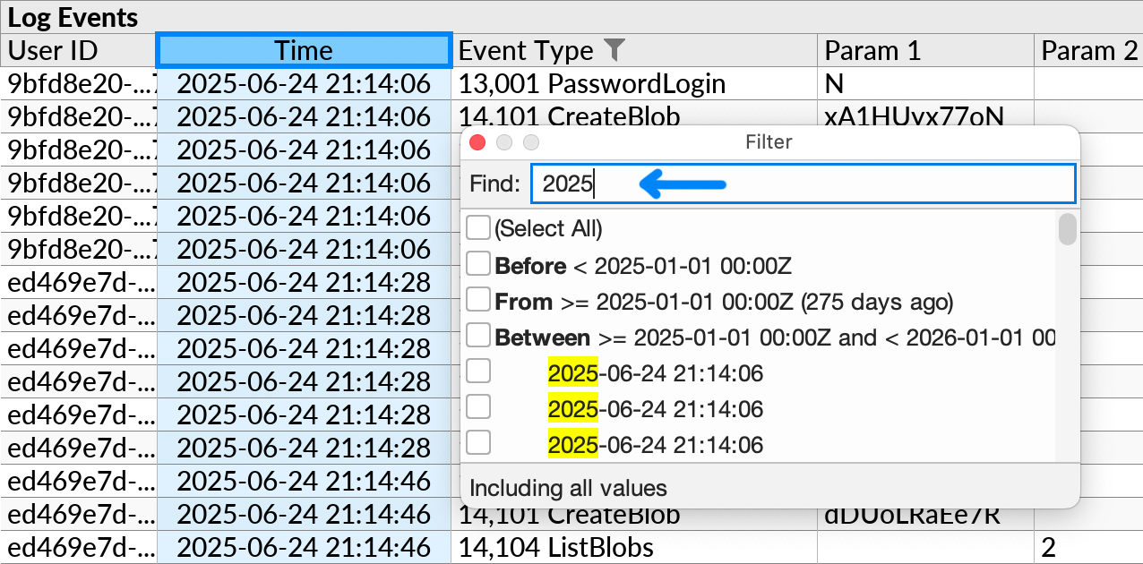 The Filter popup on a timestamp field, with a year being entered in the Find box and range filter options showing.