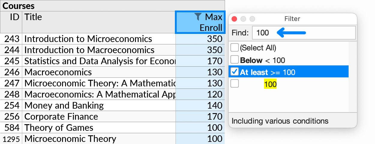 The Filter popup with the range options 'Below' and 'At least' available.