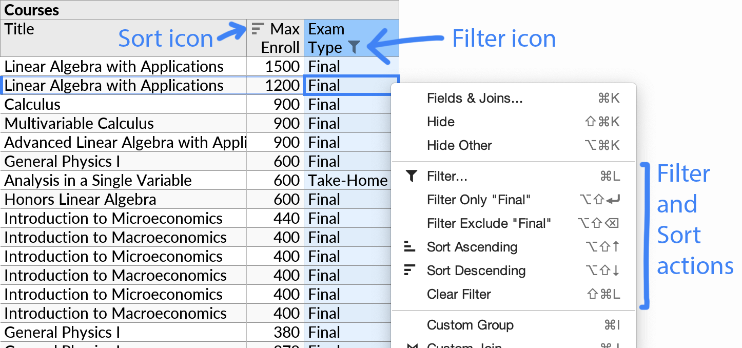 The filter and sort actions in the context menu, and a table header that shows the corresponding icons next to each relevant field's name.
