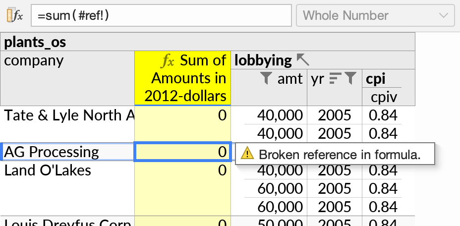 The warning tooltip that is shown if a formula reference is broken due to the previously referenced field having been deleted.