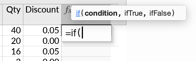The tooltip that shows the names of function parameters during formula editing.