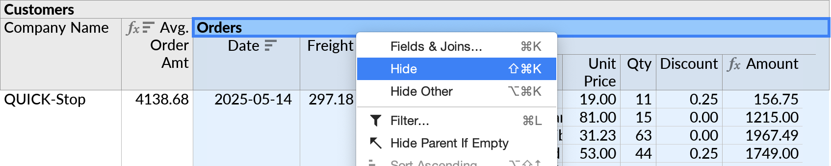 Hiding the Orders subquery with the Hide action in the latter's context menu.
