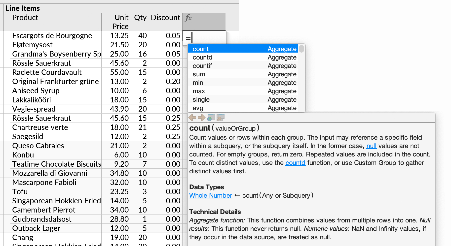 The cell editor open on a blank formula, with the list of available formula functions shown and documentation showing for the first formula function.