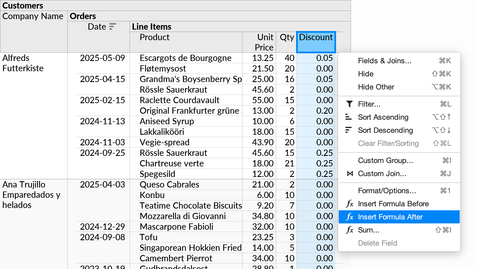 The Insert Formula After action in the context menu, invoked to insert a new calculated field next to the 'Discount' field.