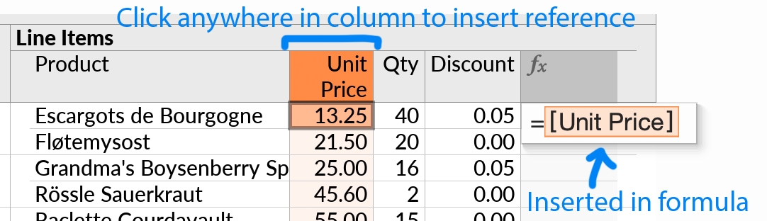 Inserting a field reference during formula editing, by clicking in the table column of the field to be referenced.