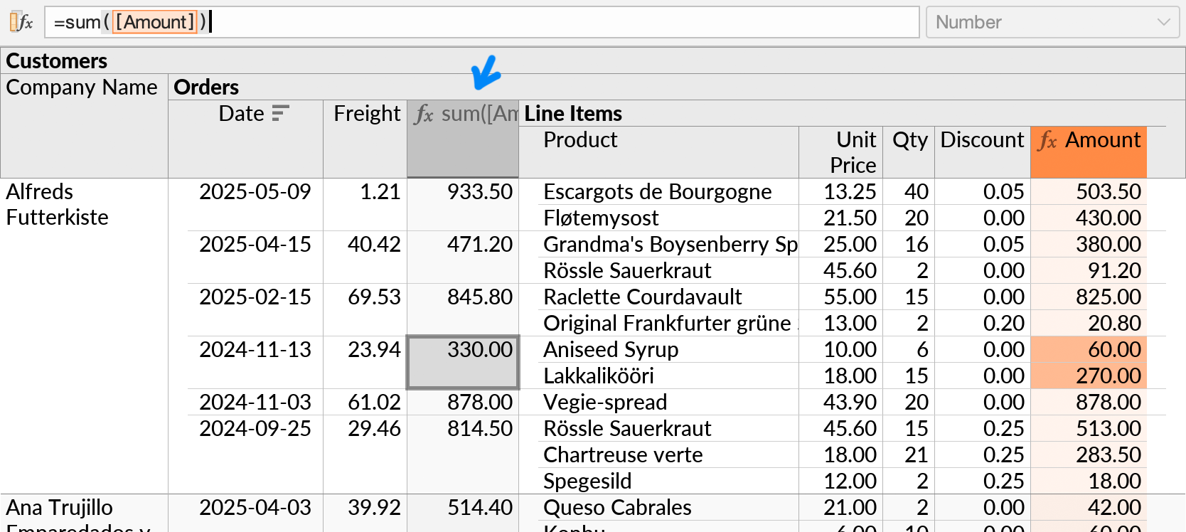 A second formula calculates the sum of all line items for each order.