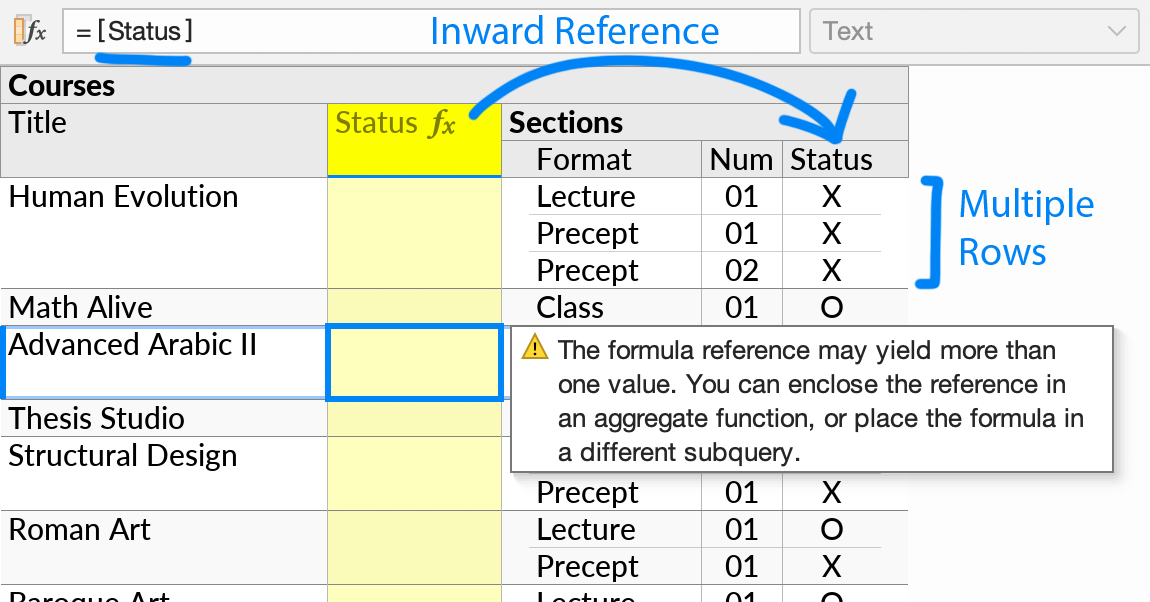 An inward reference from Courses to the Sections subquery, not permitted because more than one section may exist per course. A warning message is shown on the field containing the referencing formula.