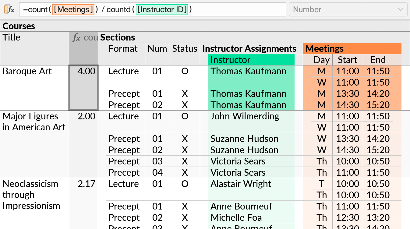A formula containing two aggregate functions, each taking input rows from a different subquery.