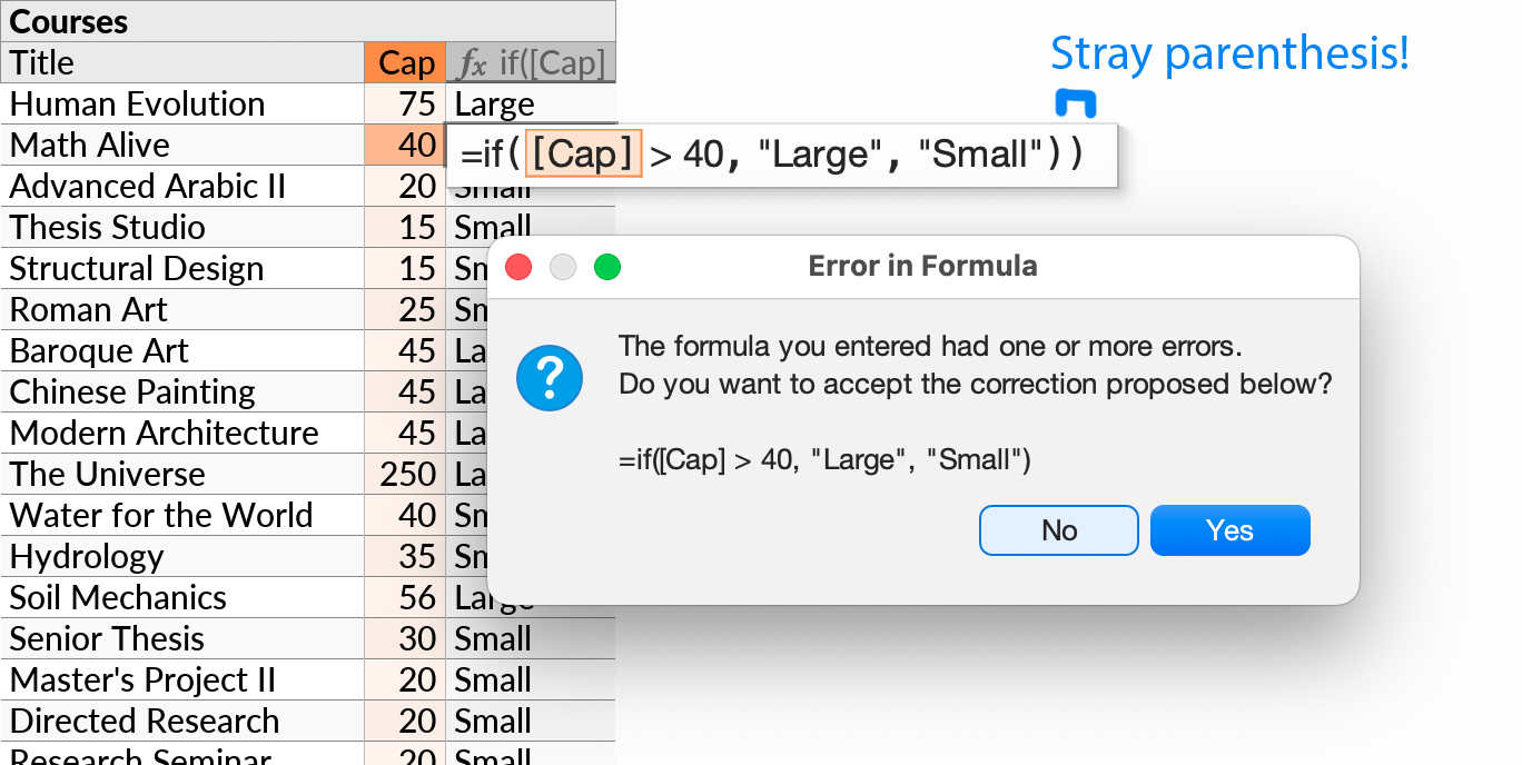 The error dialog that shows if a syntax error is found in an entered formula, with a proposed correction.