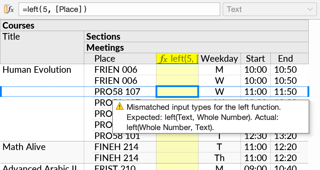 The warning tooltip shown when a function is used with inputs of the wrong data types. In this example, the two inputs are swapped by accident.