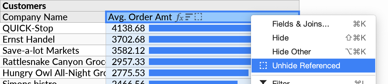 The Unhide Referenced action, highlighted in the context menu.