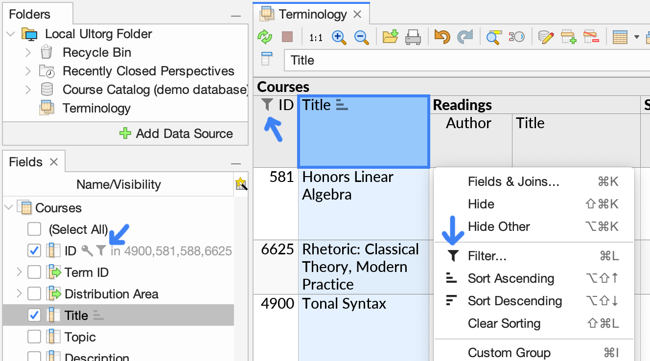 Icons displayed in the perspective editor, the context menu, and the Fields sidebar to indicate various aspects of of the current perspective query's state. The Filter icon is shown as an example.
