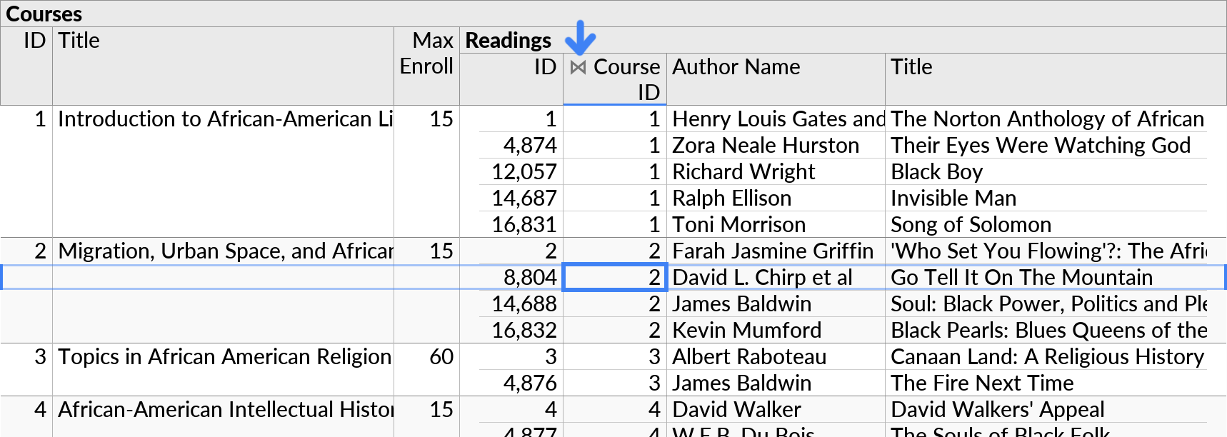 A perspective joining two tables, with correlated ID fields visible.