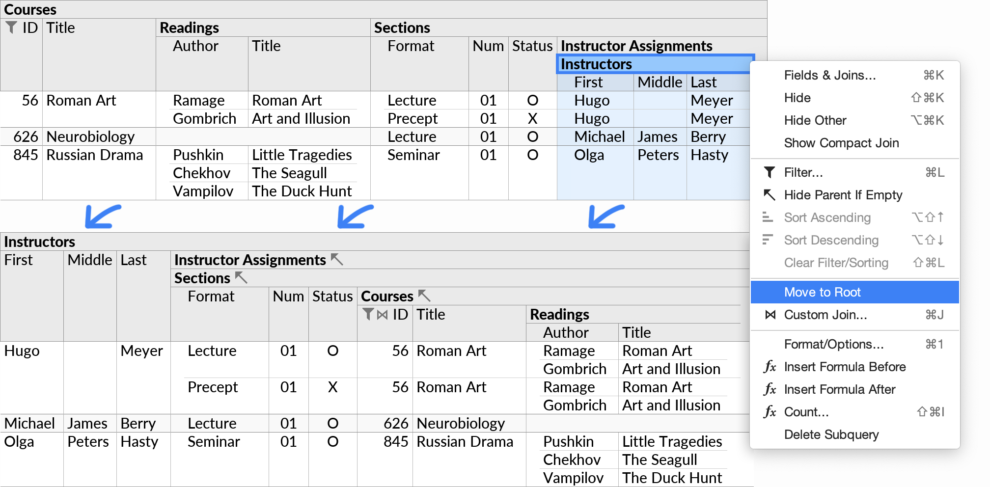 The Move to Root action, used to move a nested subquery to the root of its perspective.