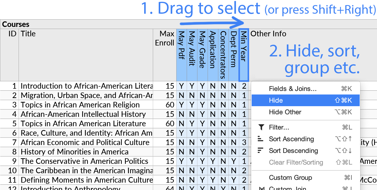Selecting multiple fields to hide them or perform other tasks.