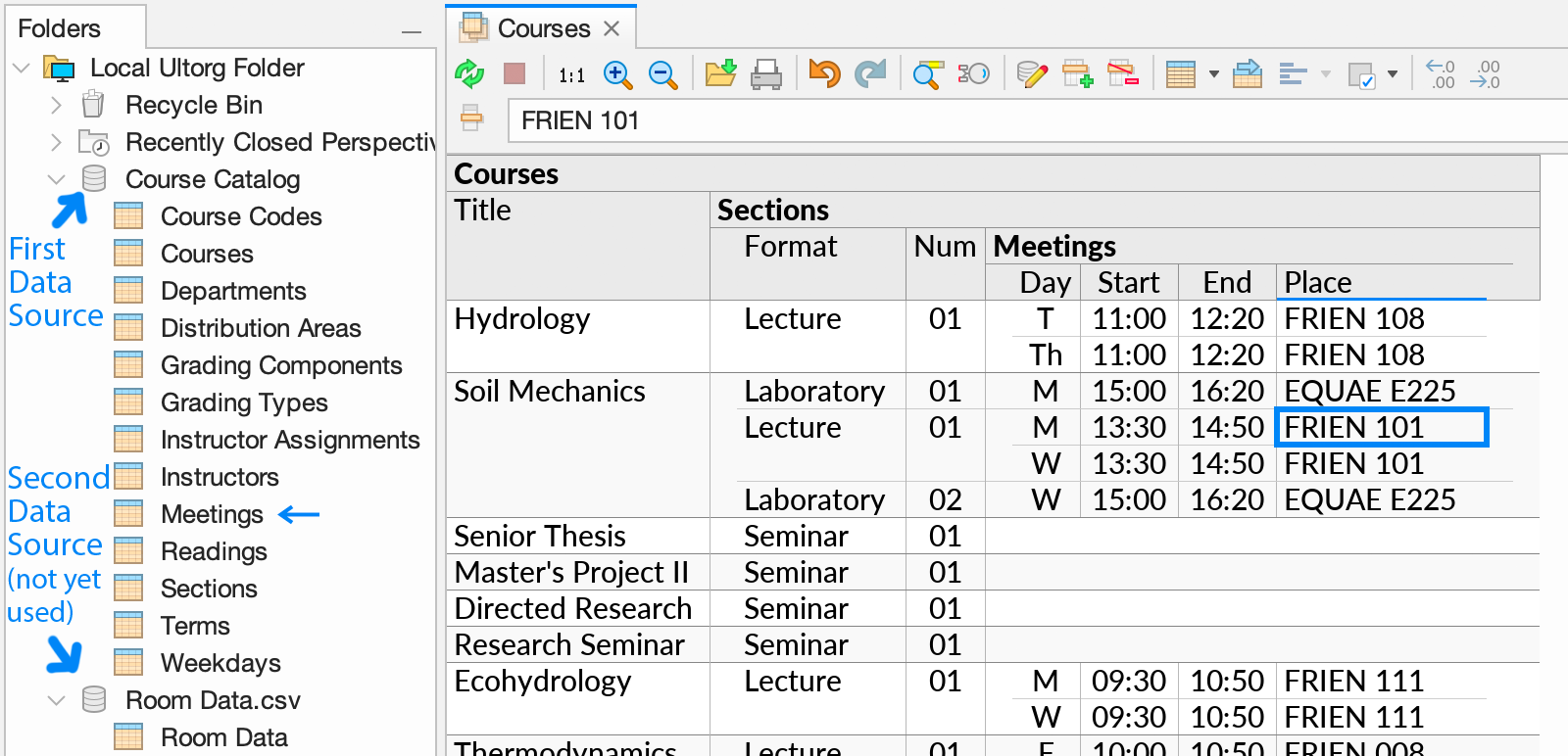 A perspective showing Courses, Sections, and Meetings from a single course catalog database, with the Folders sidebar visible. In the Folders sidebar, a second data source from a CSV file has been added, but is not yet used in the open perspective.
