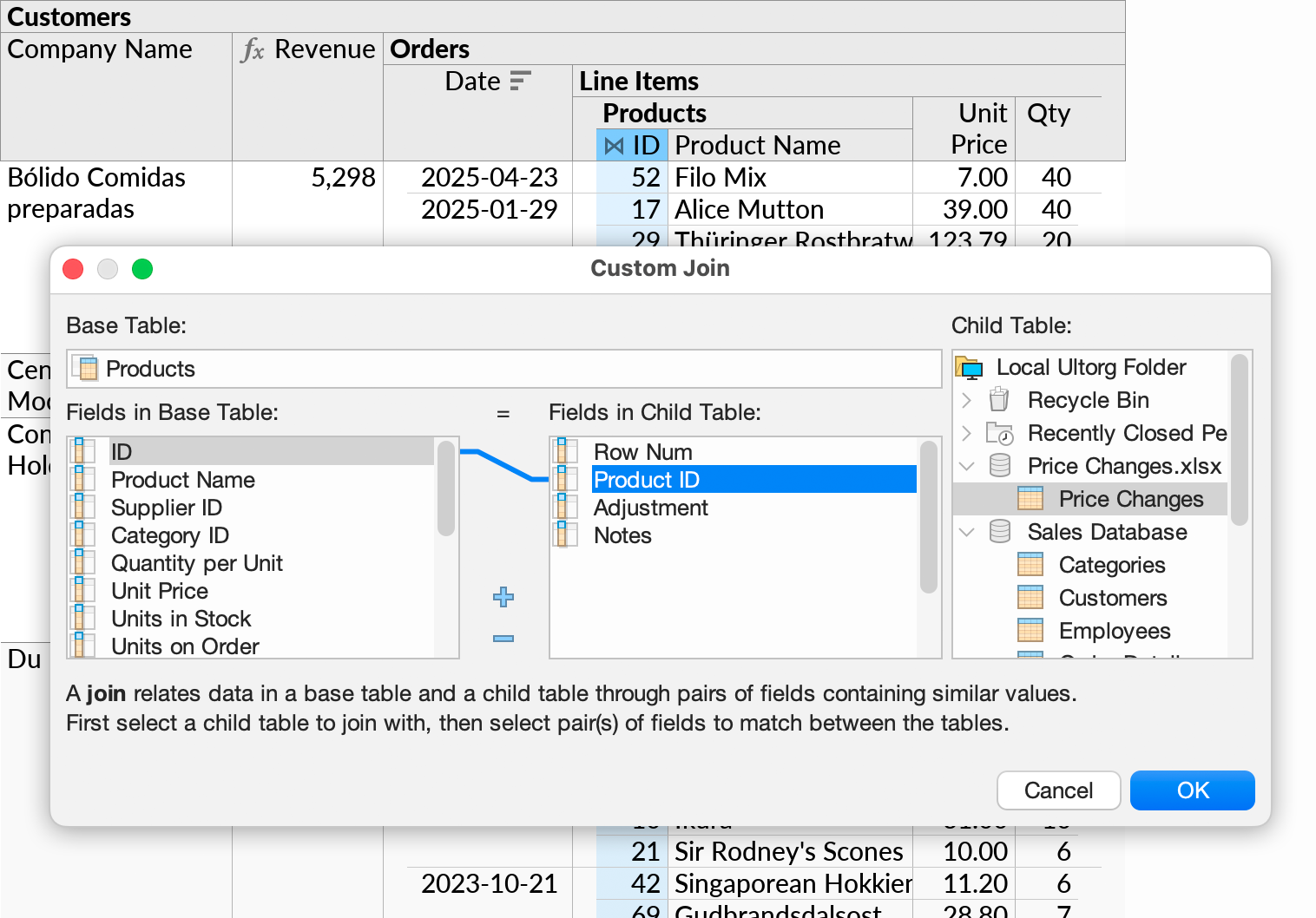The Custom Join dialog opened to join in the Price Changes table from the Excel file with the Products subquery in our existing database perspective.