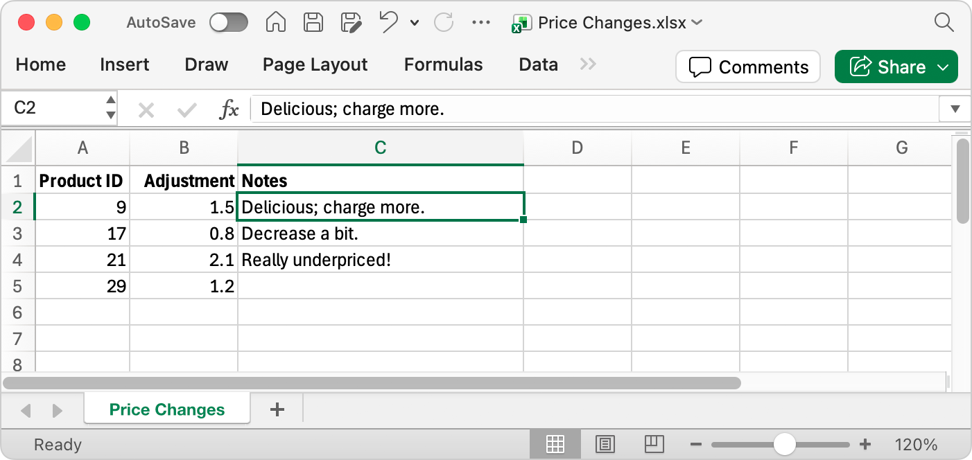 A screenshot of Microsoft Excel with a Price Changes table containing three columns Product ID, Adjustment, and Notes, with four rows of populated data.