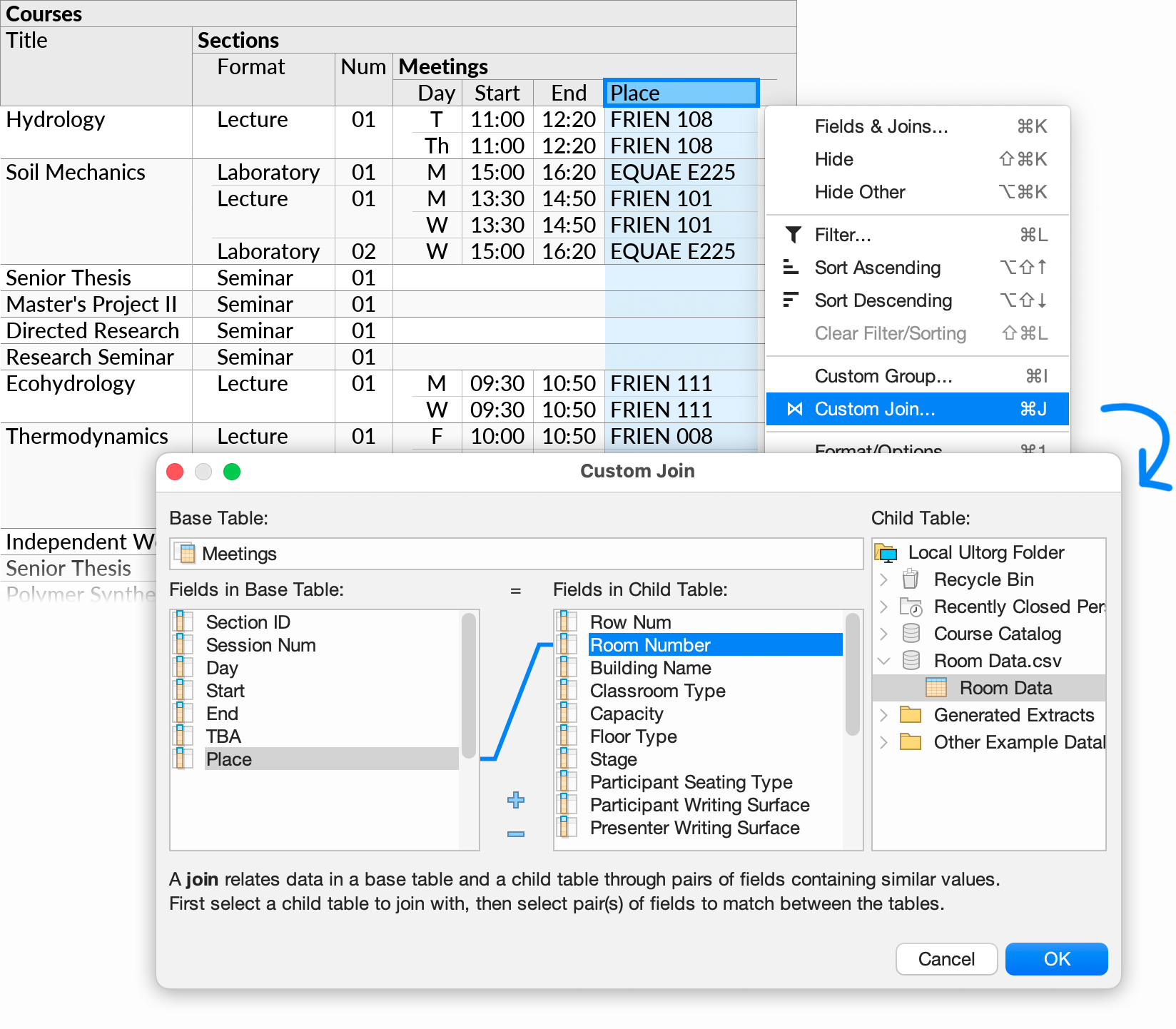 In the perspective from the previous figure, we invoke the Custom Join action on the Place field from the Meetings table. The Custom Join dialog appears, where we select the Room Data table from the CSV data source as the child table and the Room Number field from the latter as the join to constrain against.