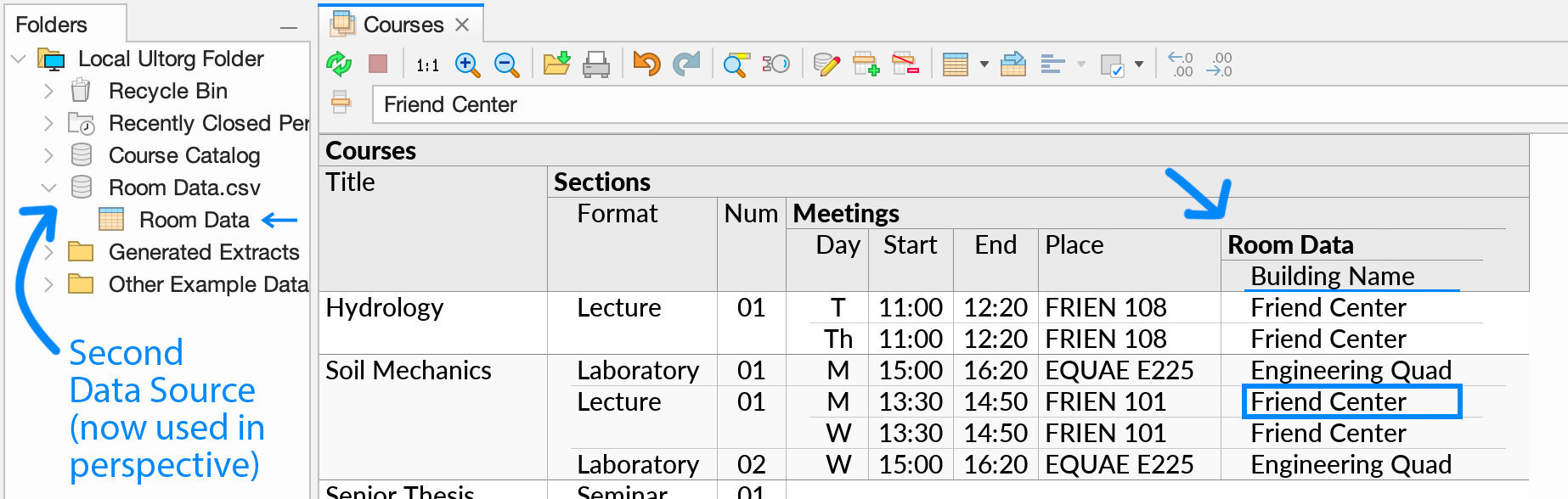 The perspective from the previous figure, after OK is clicked in the Custom Join dialog. A Room Data subquery appears under Meetings. The Folders sidebar is visible, with a blue arrow indication active on the Room Data table, to indicate that the cell cursor is currently on a value sourced from the latter data table.