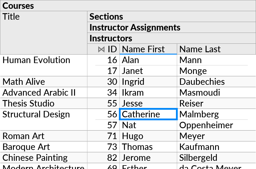 A perspective query where the Sections and Instructor Assignments subqueries each have no visible primitive fields and only a single visible child subquery.