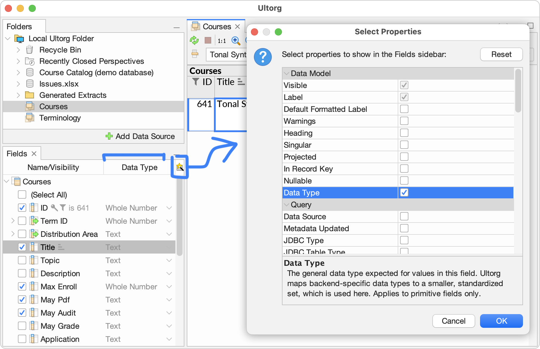 Selecting additional properties for display in the Fields sidebar.