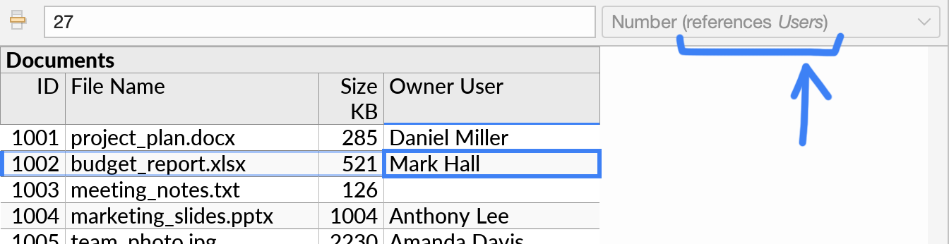 The foreign key reference indication in the formula bar's data type indicator.