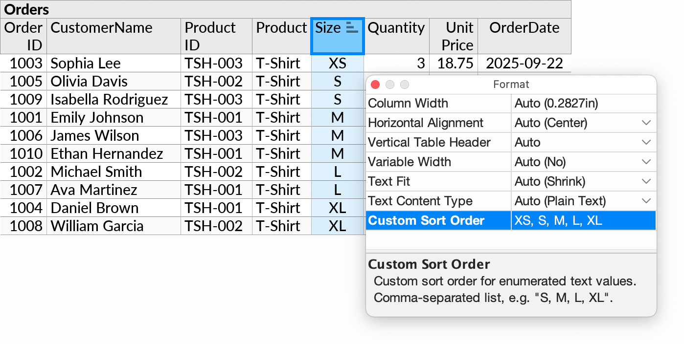 The Custom Sort Order option, used to sort an order list by T-shirt sizes.