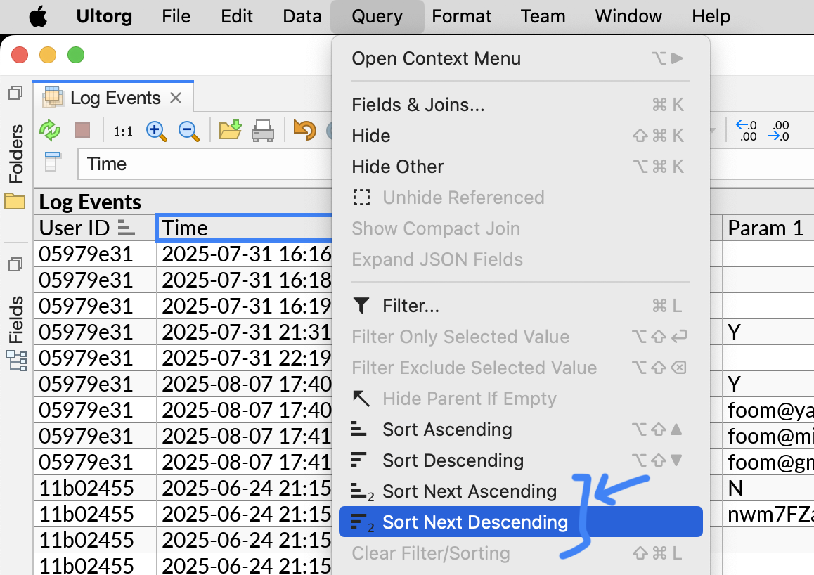 The Sort Next actions in the Query menu.