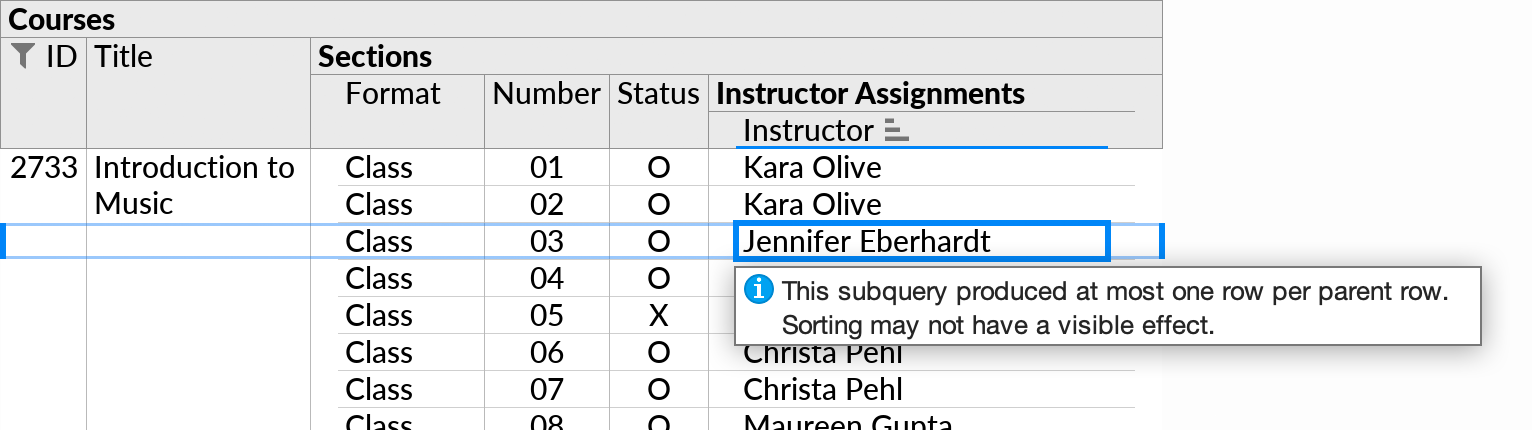 The informational tooltip that is shown if the user sorts on a subquery which currently returns at most one row per parent row, but which could theoretically return more in the future.