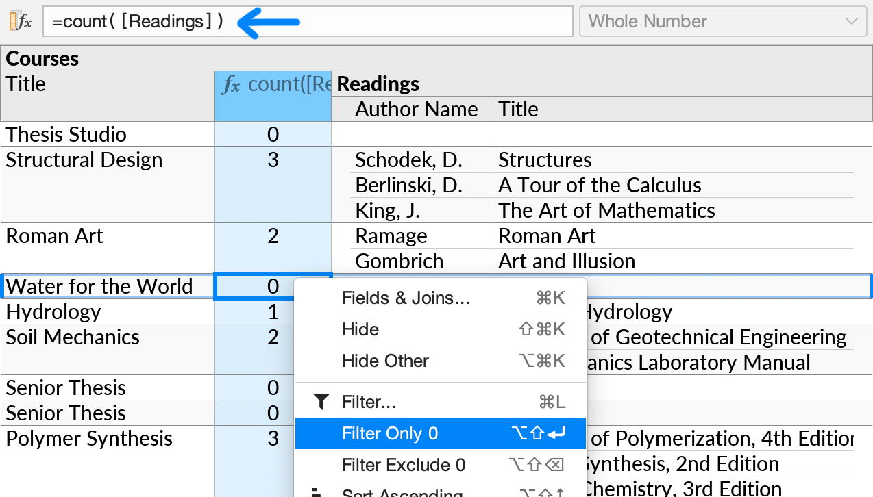 Filtering on a COUNT formula to show only courses for which the reading list has zero entries (an 'anti-join').