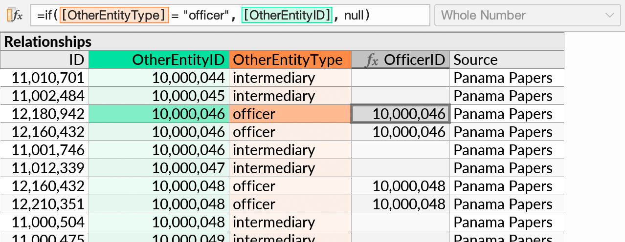 A formula that extracts an OfficerID from an OtherEntityID field, by taking the latters value whenever the separate OtherEntityType field has the value 'officer', and yielding null otherwise.