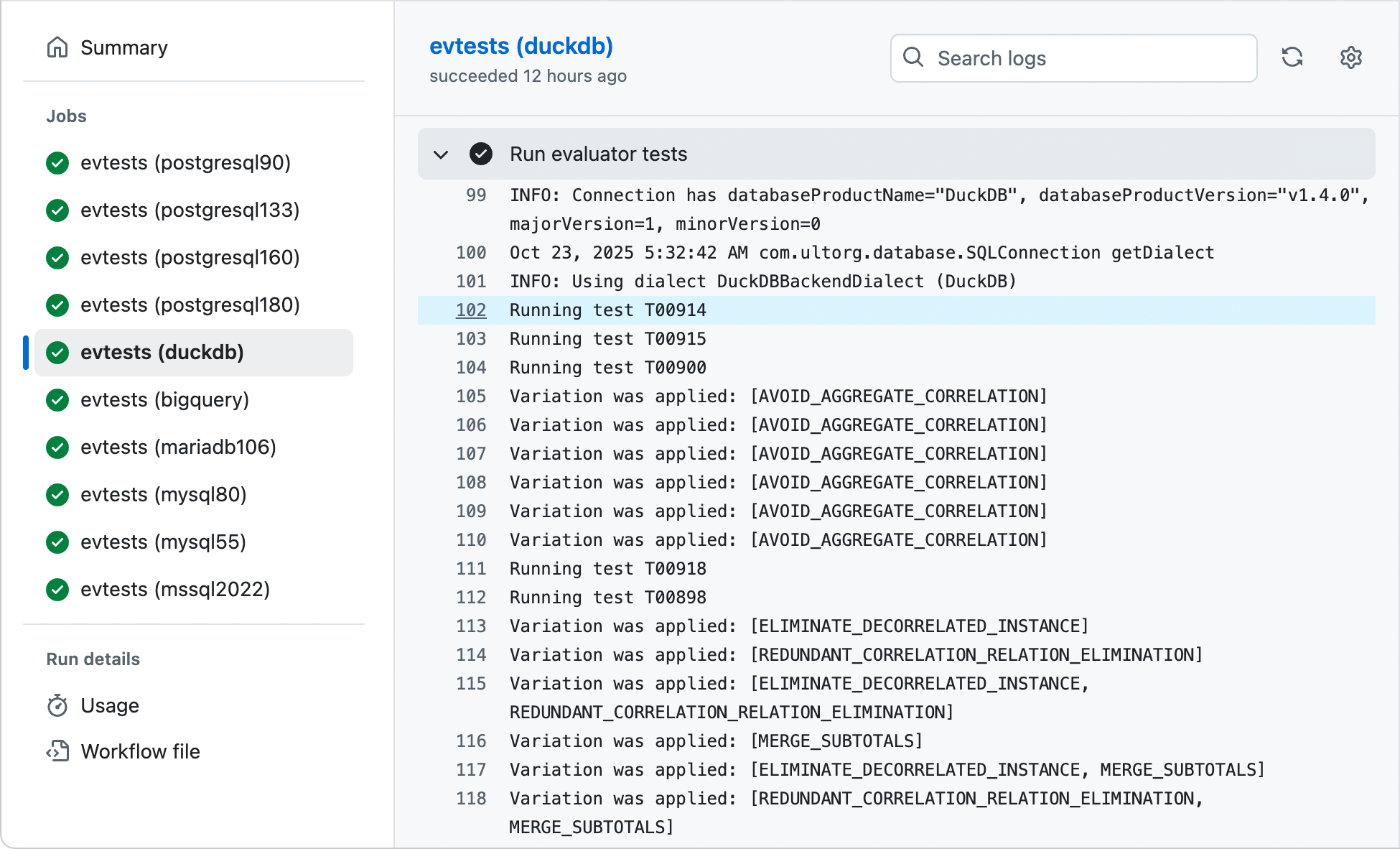 Excerpt from a run of Ultorg's integration test suite. Some of the backends regularly tested are listed in the sidebar.