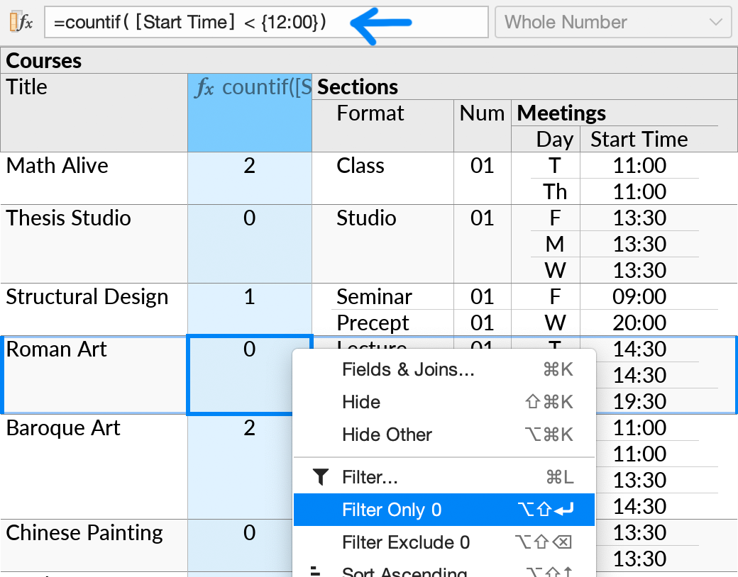 Courses and Meetings, with a formula counting the number of meetings starting before noon, and the filter about to be applied so that only courses with zero such meetings are shown. This would correspond to the query 'show me all courses for which all meetings start at noon or later'.