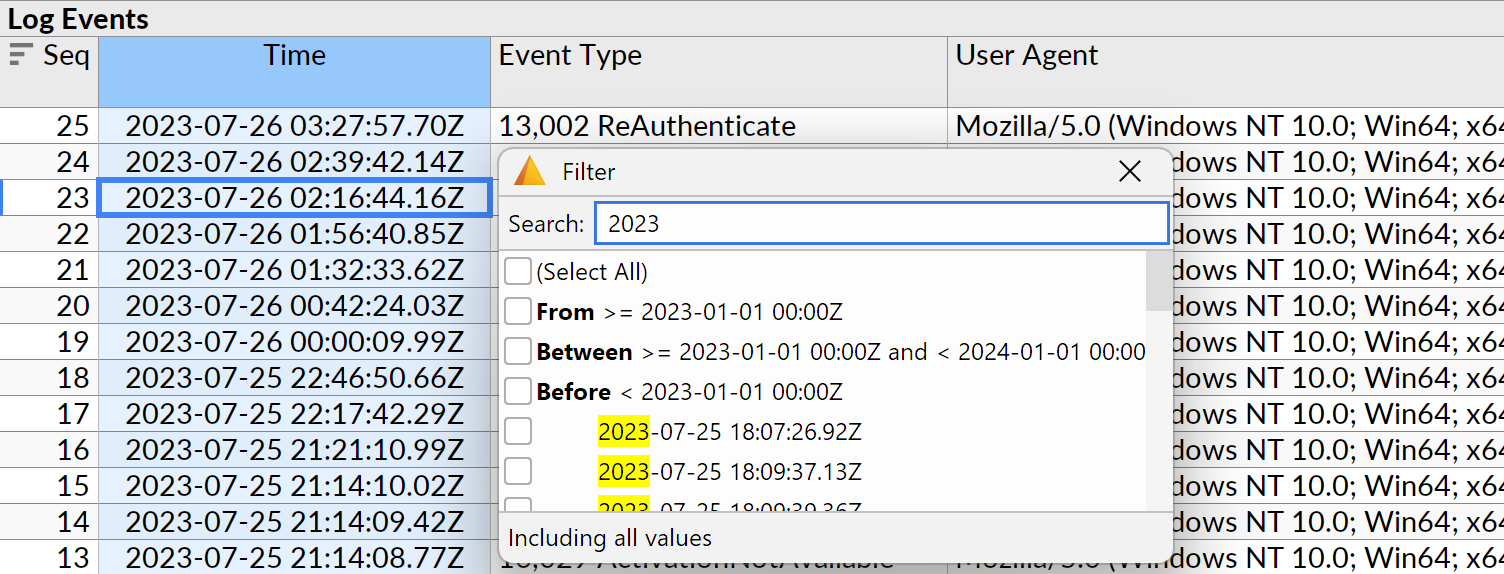 Screenshot showing range filter options on a Global Timestamp field.