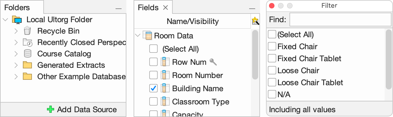 The Folders, Fields, and Filter lists. These lists can all be navigated by keyboard in a similar manner.