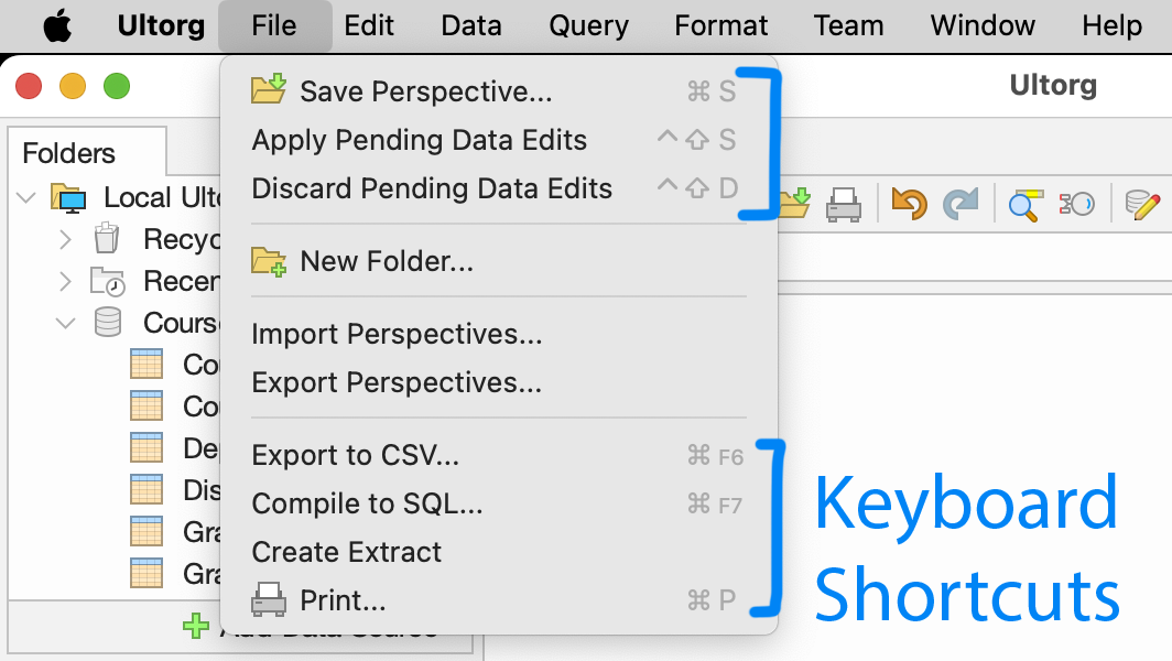 An open menu in the main menu bar, with keyboard shortcuts highlighted.
