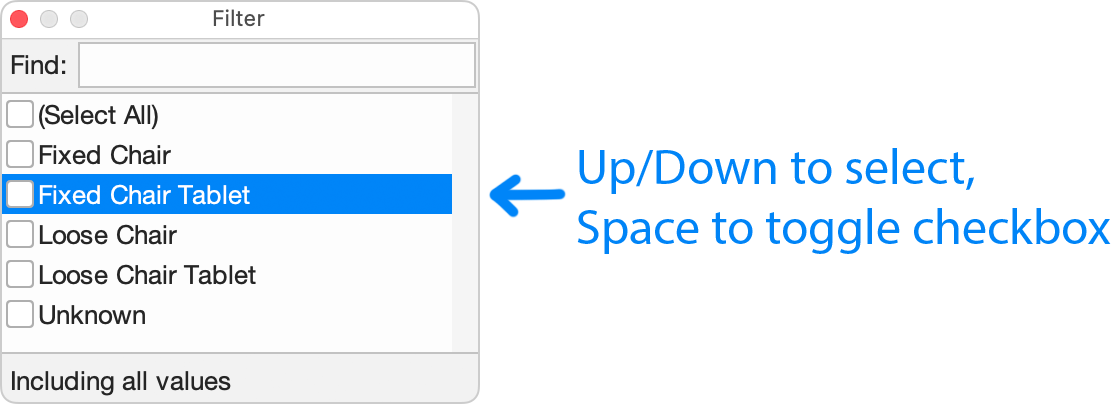 The Filter popup with Up/Down and Space key actions annotated.
