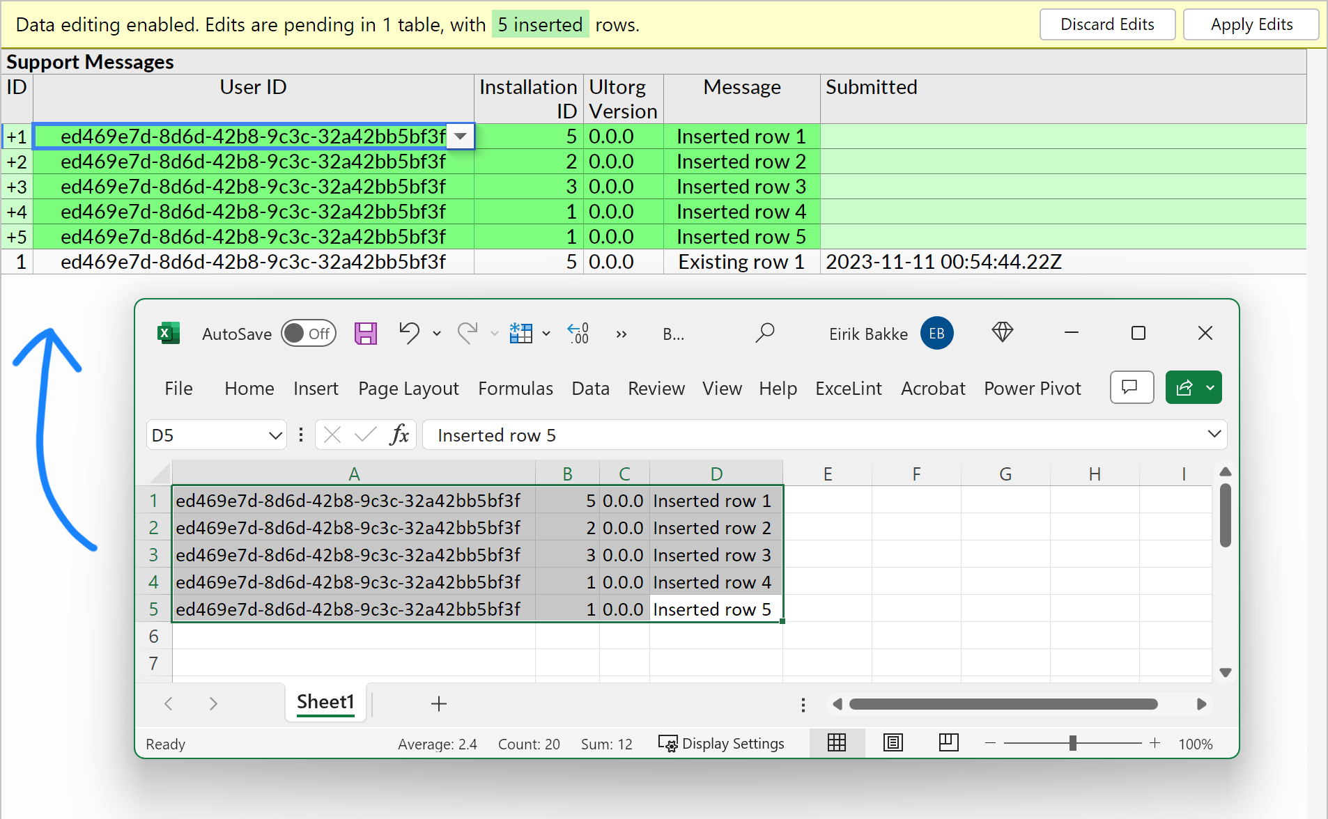Illustration of bulk copy-of-paste from Excel to Ultorg, creating new rows pending insertion.